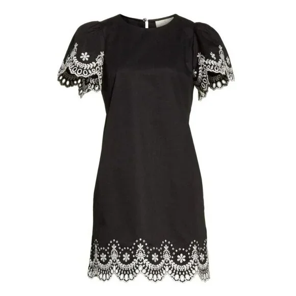Kate Spade Black Floral Embroidered Cotton Shift Mini Dress Small Short Sleeve